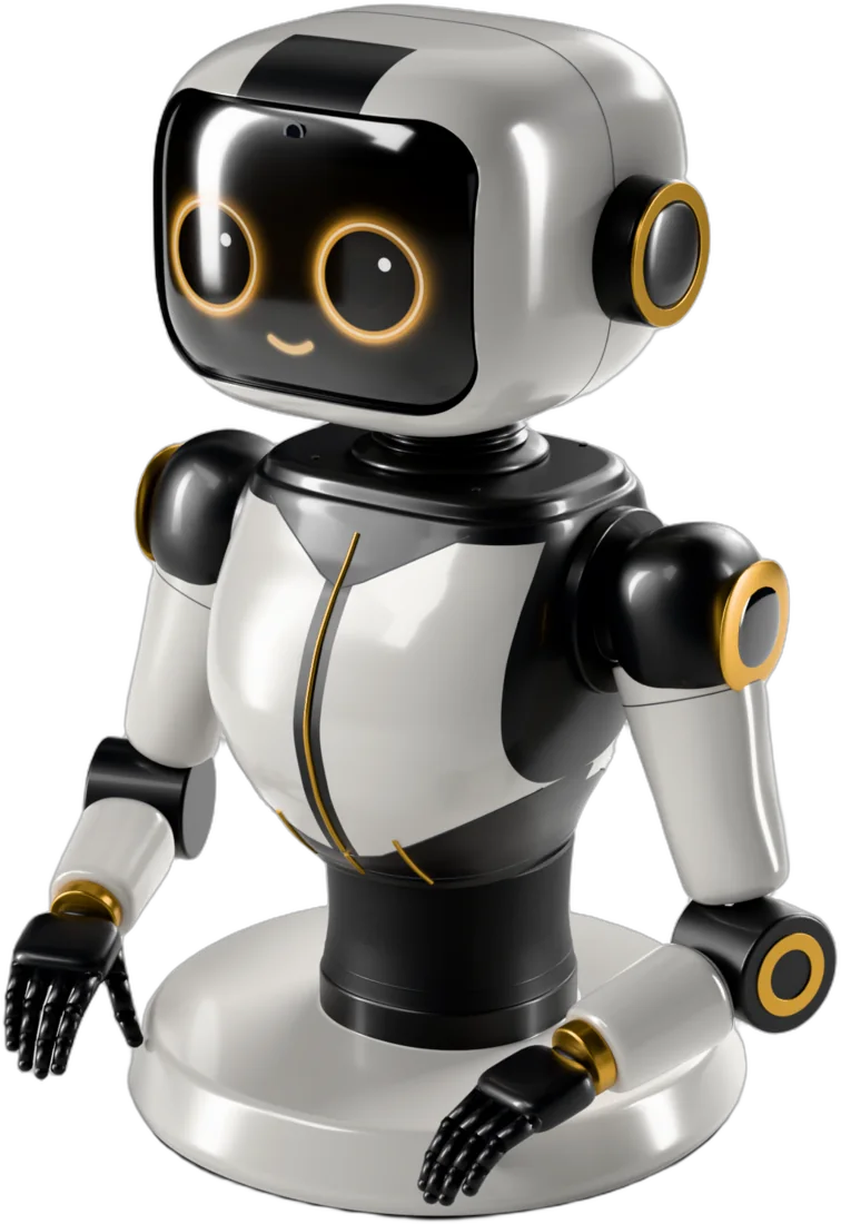 ZENIX PRO: beyaz ve siyah gövdeli, altın detaylı robot